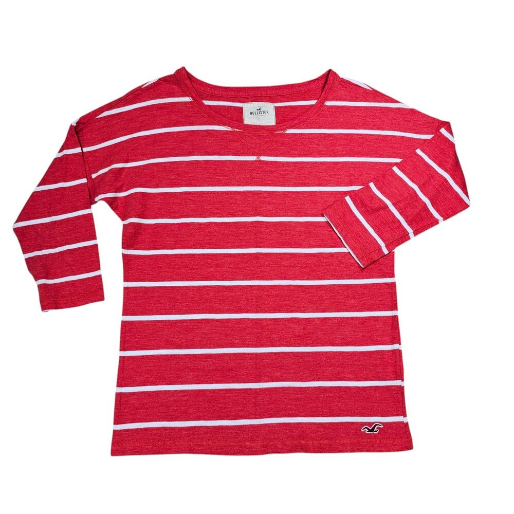 Hollister Red White Stripe Top Small 3/4 Sleeve Casual Basic Tee